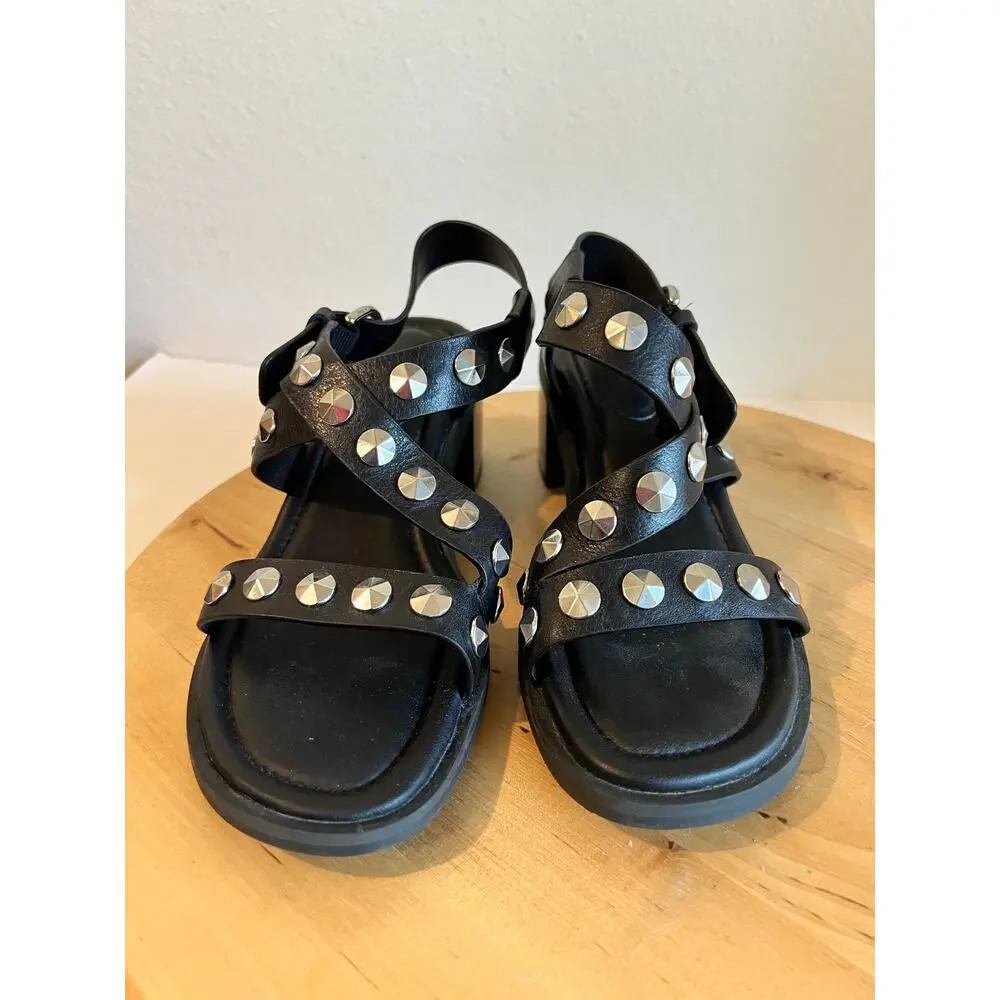 Rag & Bone Black Genuine Leather Silver Studded Chunky Sandal Size 7.5-8 / 38
